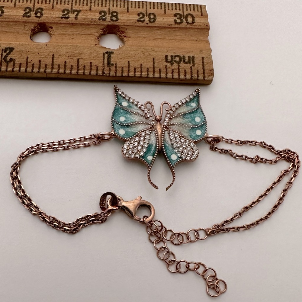 925 Silver butterfly bracelet clear cz stones 14k rose gold plated - Picture 2 of 3